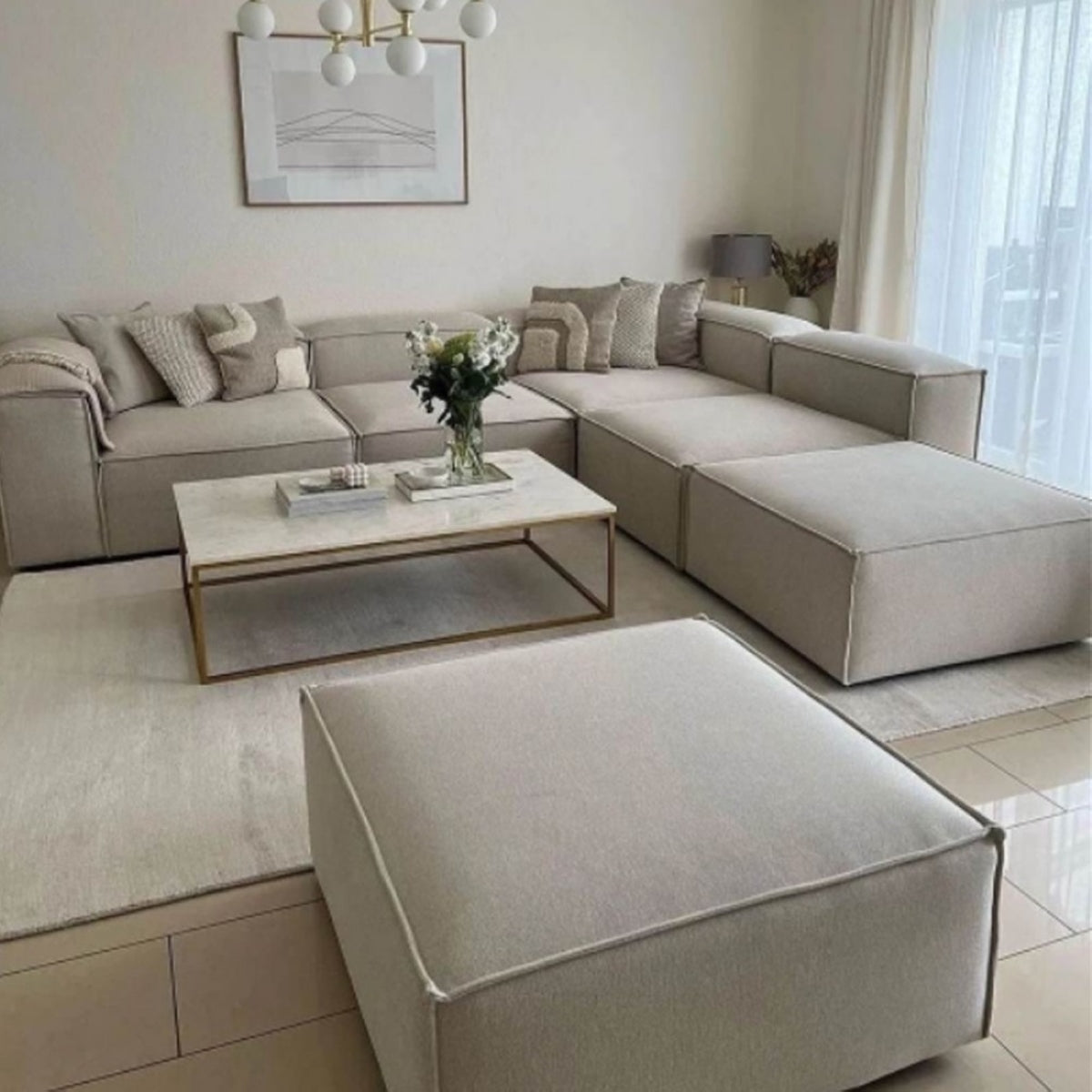 Natural Wood and Linen Fabric L-Shape Sofa and 2 Pouf - Dark Beige