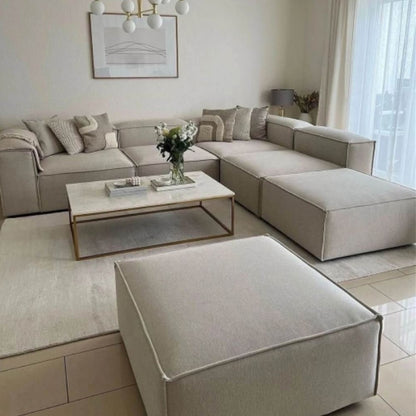 Natural Wood and Linen Fabric L-Shape Sofa and 2 Pouf - Dark Beige