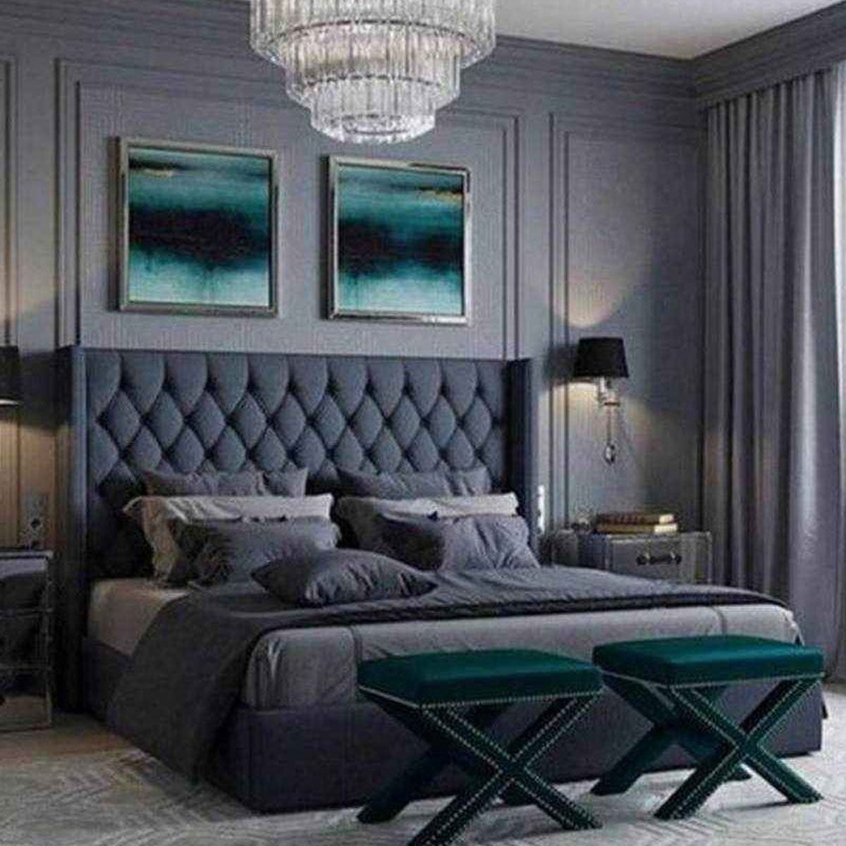 MDF and Velvet King Bed 160×195×120 cm - Grey