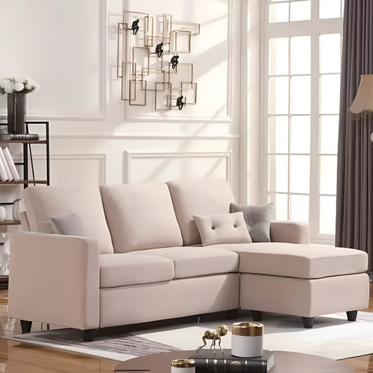 Natural Wood and Velvet Fabric L-Shape Sofa - Beige