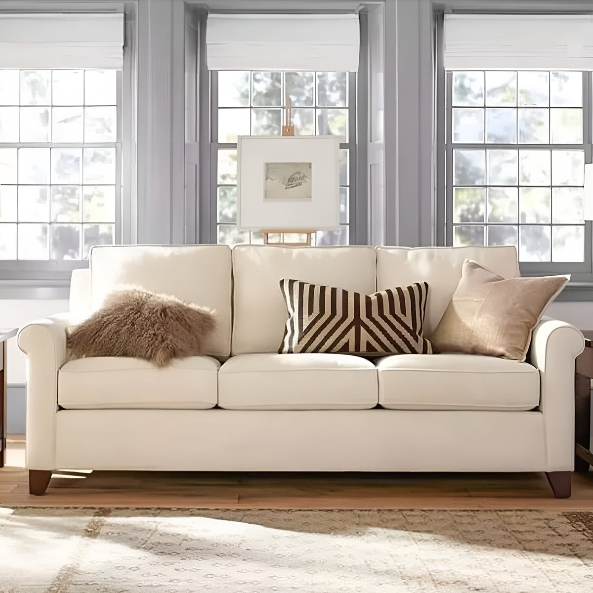 Natural Natural Wood and Linen Fabric 3 Seater Sofa - Off White