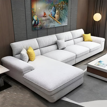 Natural Wood and Linen Fabric L-Shape Sofa - Light Grey