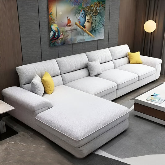 Natural Wood and Linen Fabric L-Shape Sofa - Light Grey