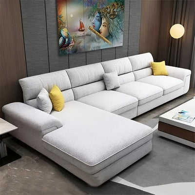Natural Wood and Linen Fabric L-Shape Sofa - Light Grey