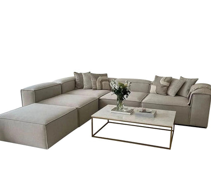 Natural Wood and Linen Fabric L-Shape Sofa and 2 Pouf - Dark Beige