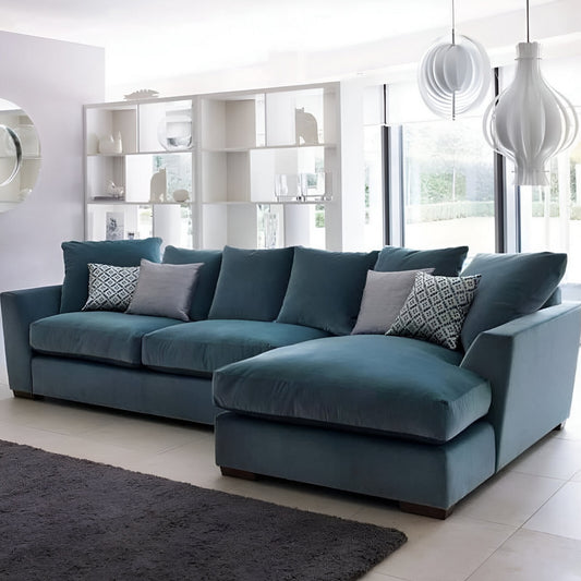 Natural Wood and Velvet Fabric L-Shape Sofa - Blue
