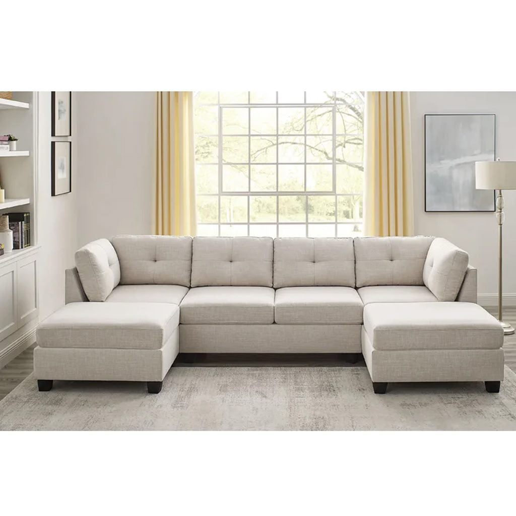 Natural Wood and Linen Fabric L-Shape Sofa - Beige
