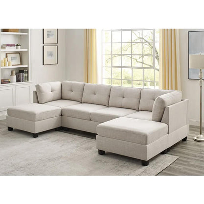 Natural Wood and Linen Fabric L-Shape Sofa - Beige