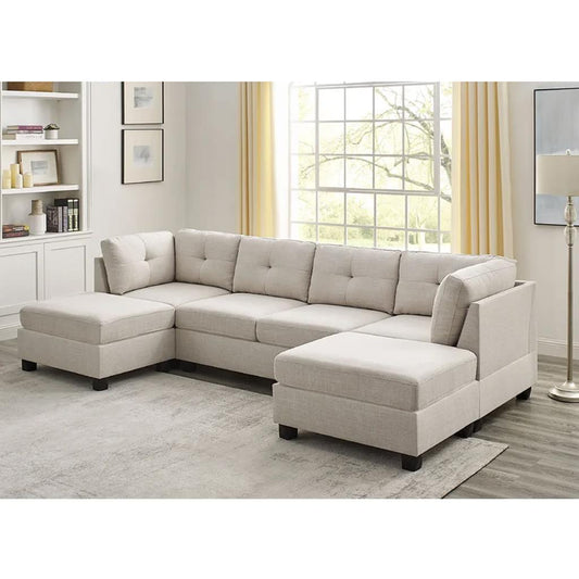 Natural Wood and Linen Fabric L-Shape Sofa - Beige