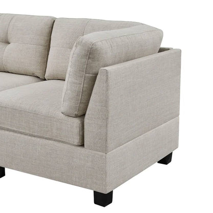 Natural Wood and Linen Fabric L-Shape Sofa - Beige