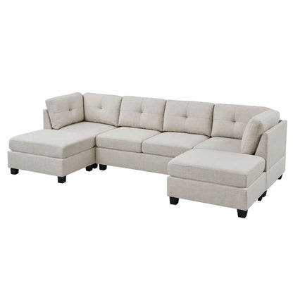Natural Wood and Linen Fabric L-Shape Sofa - Beige