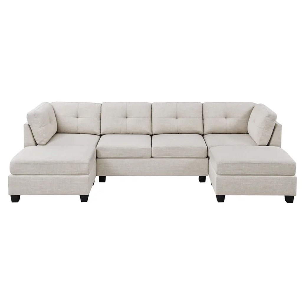 Natural Wood and Linen Fabric L-Shape Sofa - Beige