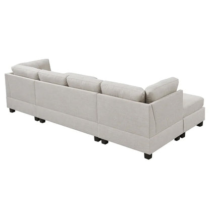 Natural Wood and Linen Fabric L-Shape Sofa - Beige