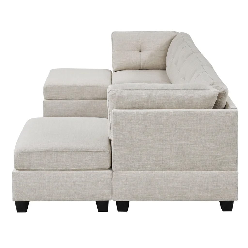 Natural Wood and Linen Fabric L-Shape Sofa - Beige