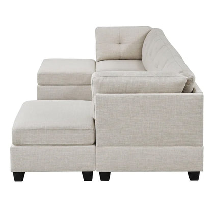 Natural Wood and Linen Fabric L-Shape Sofa - Beige
