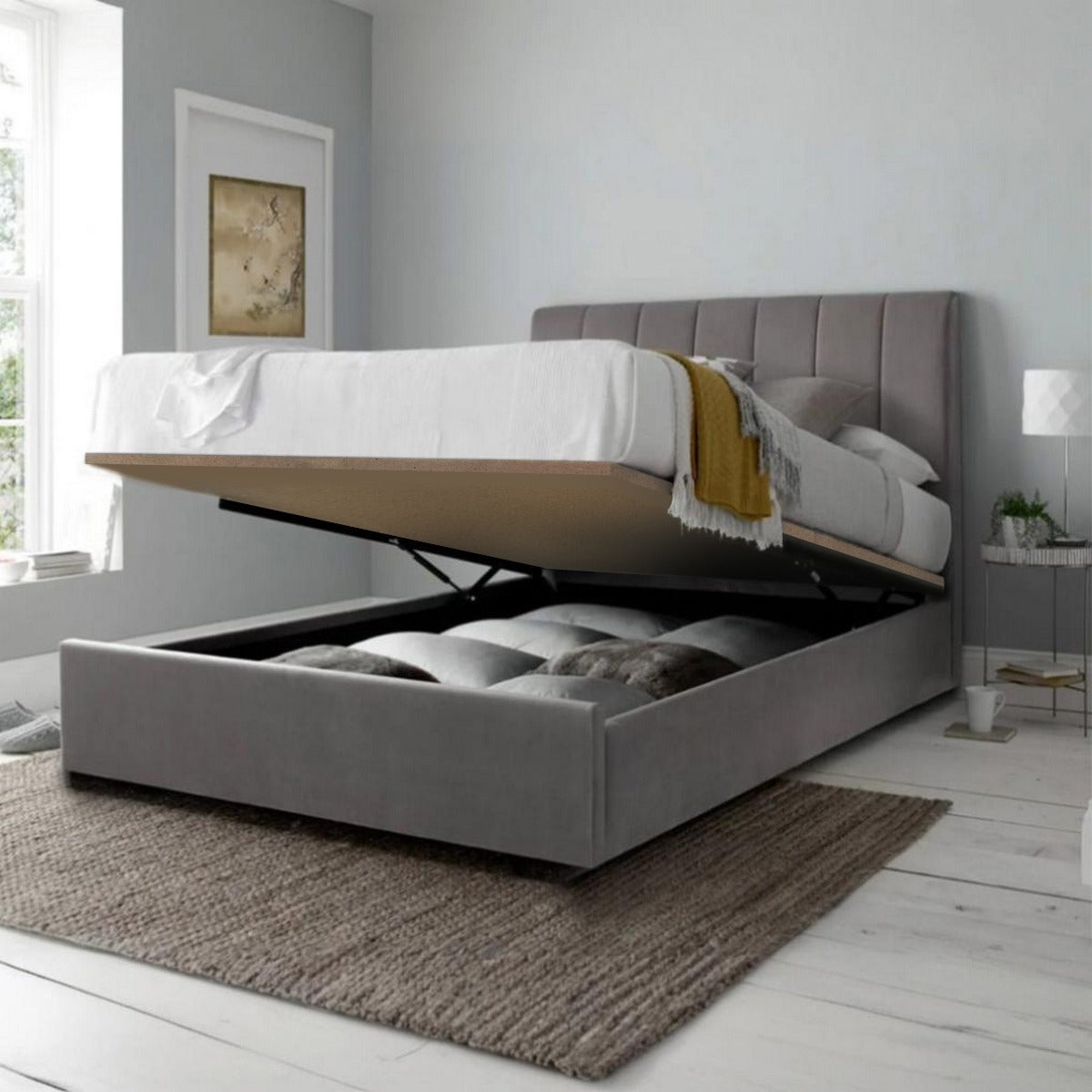 Natural wood and European union wood and Velvet Single Bed 120×120×195 cm - Grey