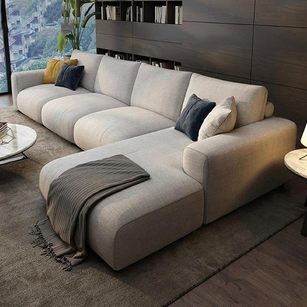 Natural Wood and Linen L-Shape Sofa - Beige